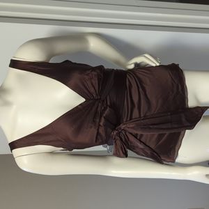 BCBG MaxAzria Brown Silk Stretch V-Neck Wrap-around Bowed Tank Top